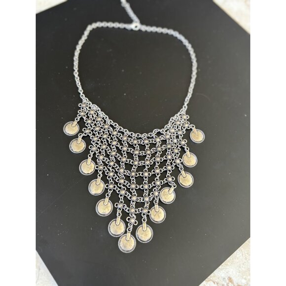 Vintage-Inspired tribal Silver-Tone Bib Necklace With Layered Coin Pendant Desig - Picture 8 of 9